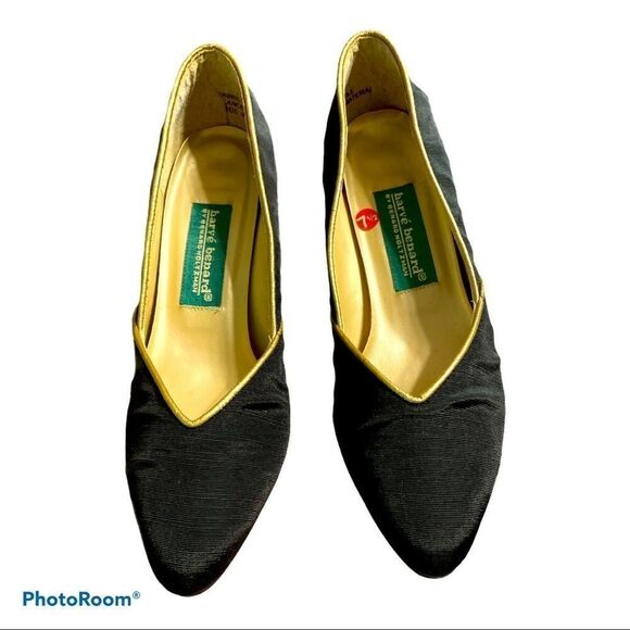 Vintage Harvé Benard black with gold trim Grosgrain Pumps size 7.5 NWOT - Picture 2 of 7